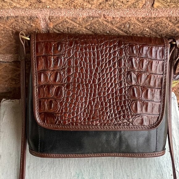 BRAHMIN Vintage Tuscan Black Pecan Brown Small Mini Moc Croc Crossbody Pouch Bag